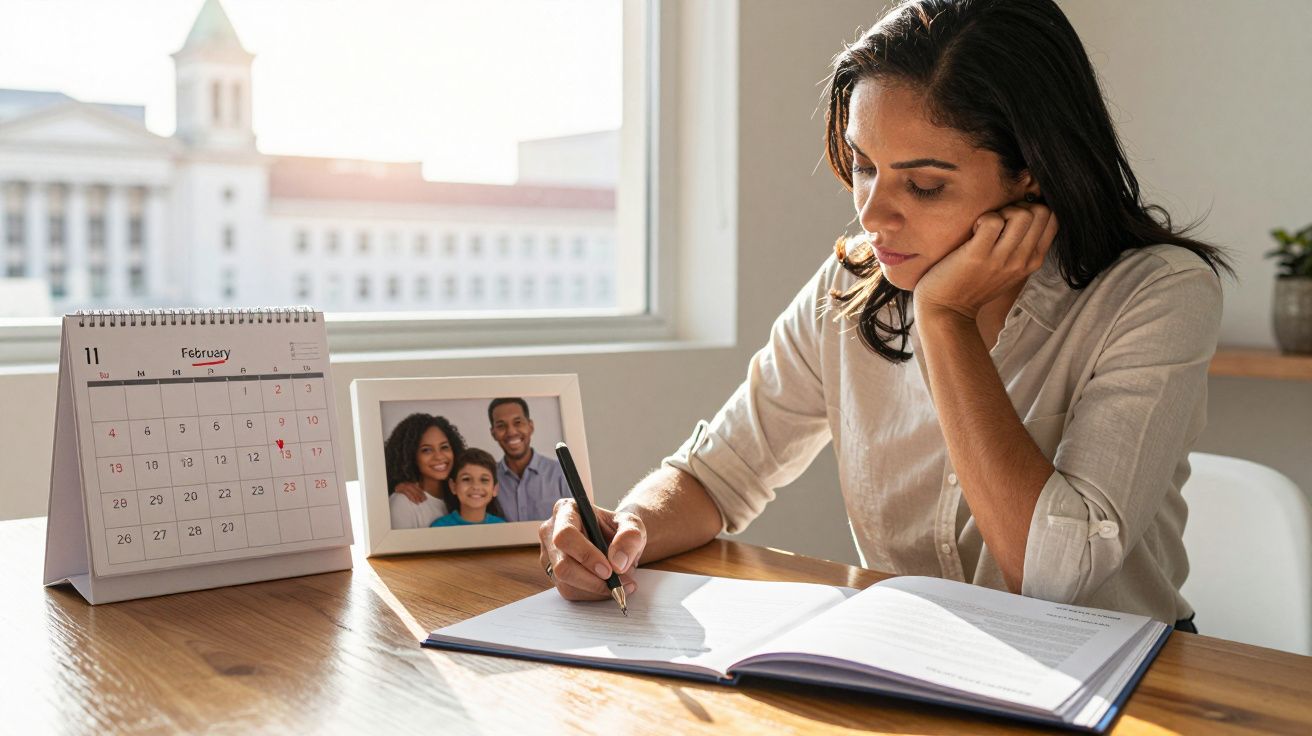 Mulher negra escrevendo em agenda na mesa com calendário e foto de família ao fundo.