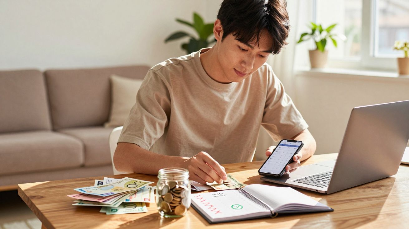 Jovem usando celular e anotando em caderno enquanto conta dinheiro em mesa com laptop e jarra de moedas.