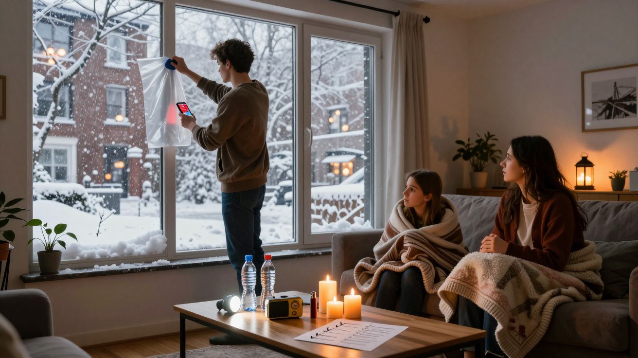 Jovem fechando janela com plástico e celular durante apagão, enquanto duas mulheres assistem enroladas em cobertores.