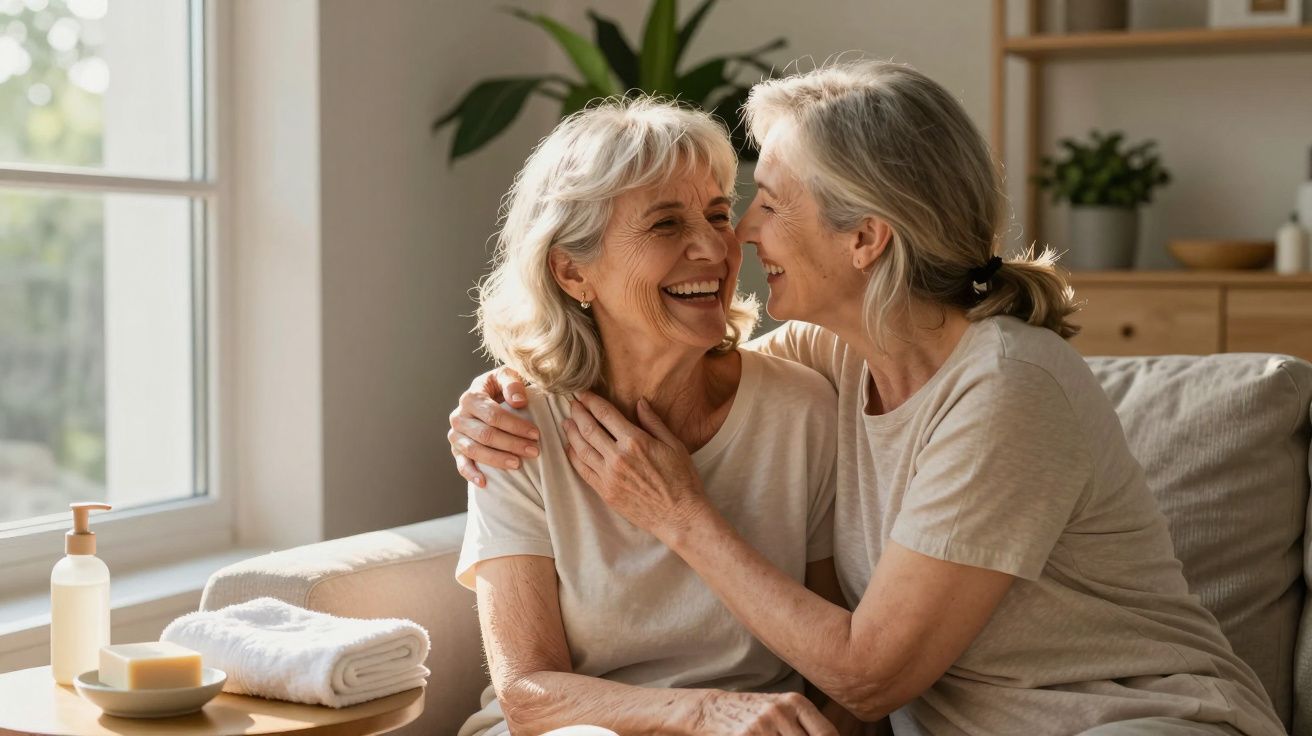 Duas mulheres idosas abraçadas sorrindo sentadas em sofá iluminado por janela.