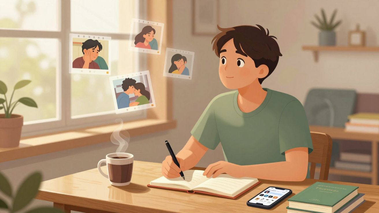 Jovem escrevendo em diário lembrando de momentos tristes, com xícara de café e celular sobre a mesa.