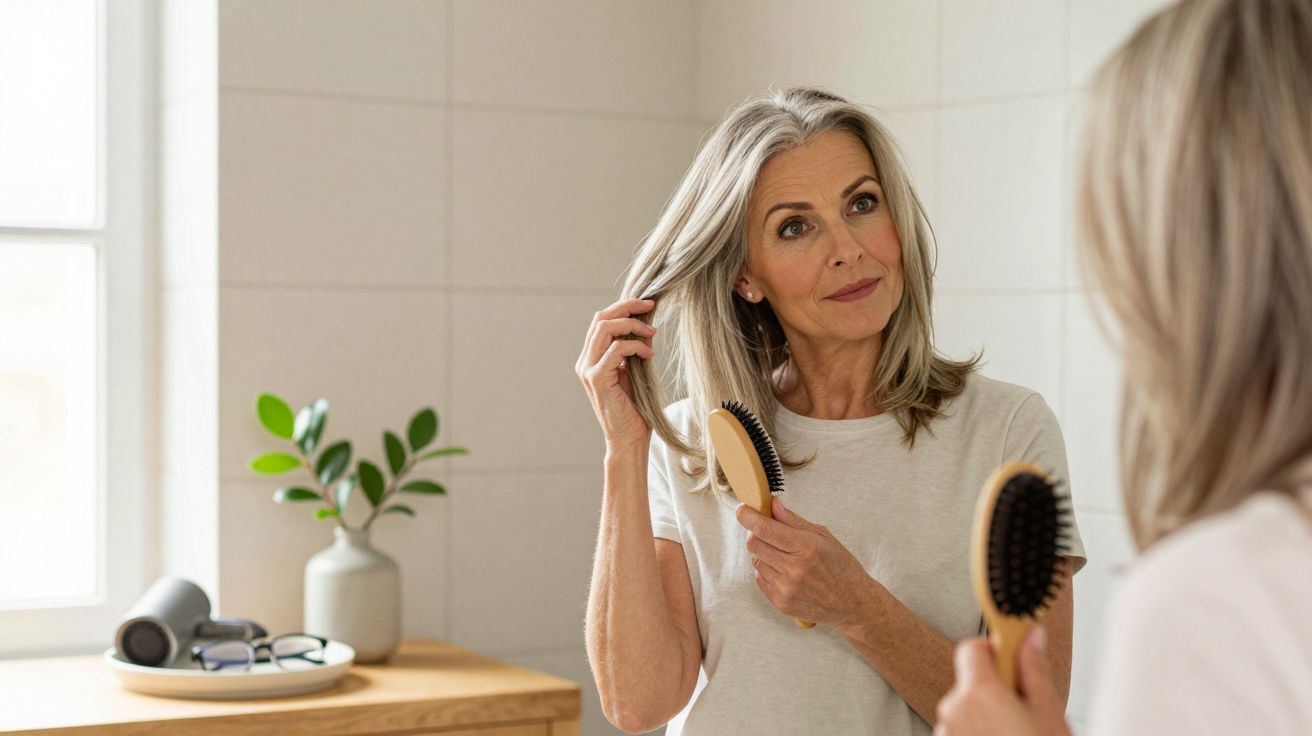 Mulher madura com cabelos grisalhos penteando-se em frente ao espelho em banheiro iluminado.