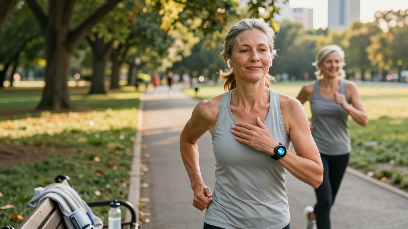 Mulheres maduras correndo em caminho de parque com árvores e roupas esportivas cinza.