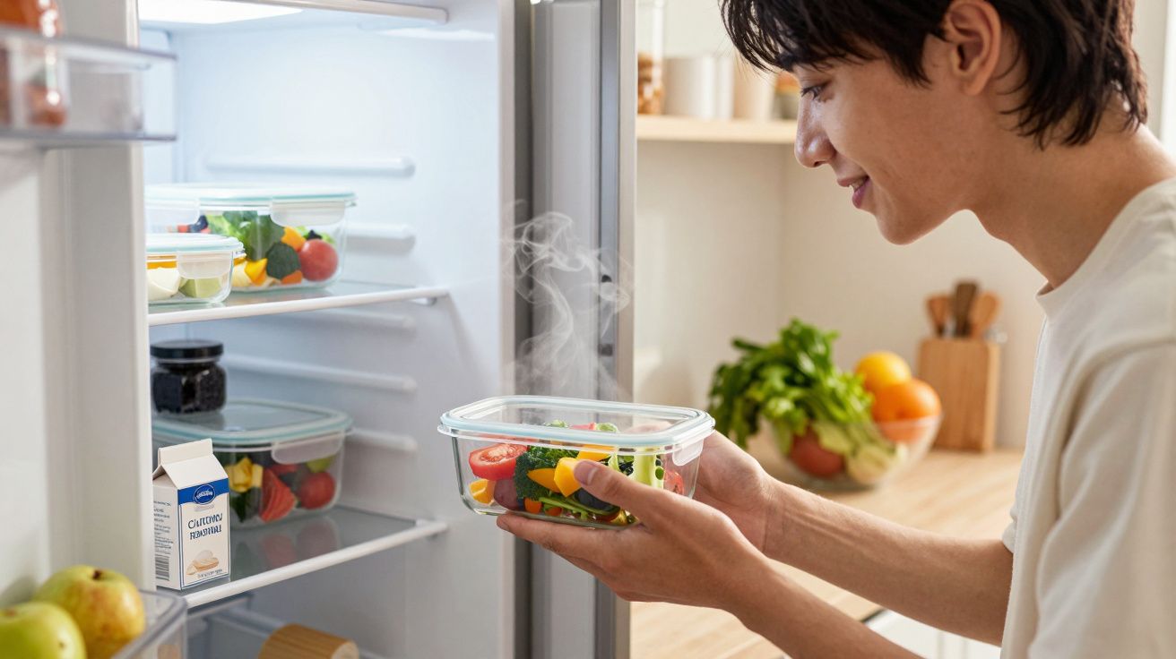 Pessoa abrindo a geladeira e segurando prato com legumes frescos e vapor saindo do recipiente.