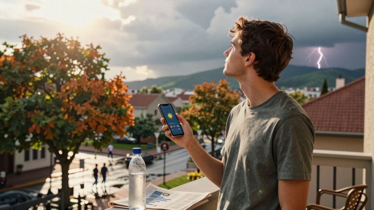 Jovem segura celular com previsão do tempo enquanto observa céu com raio ao fundo em varanda.