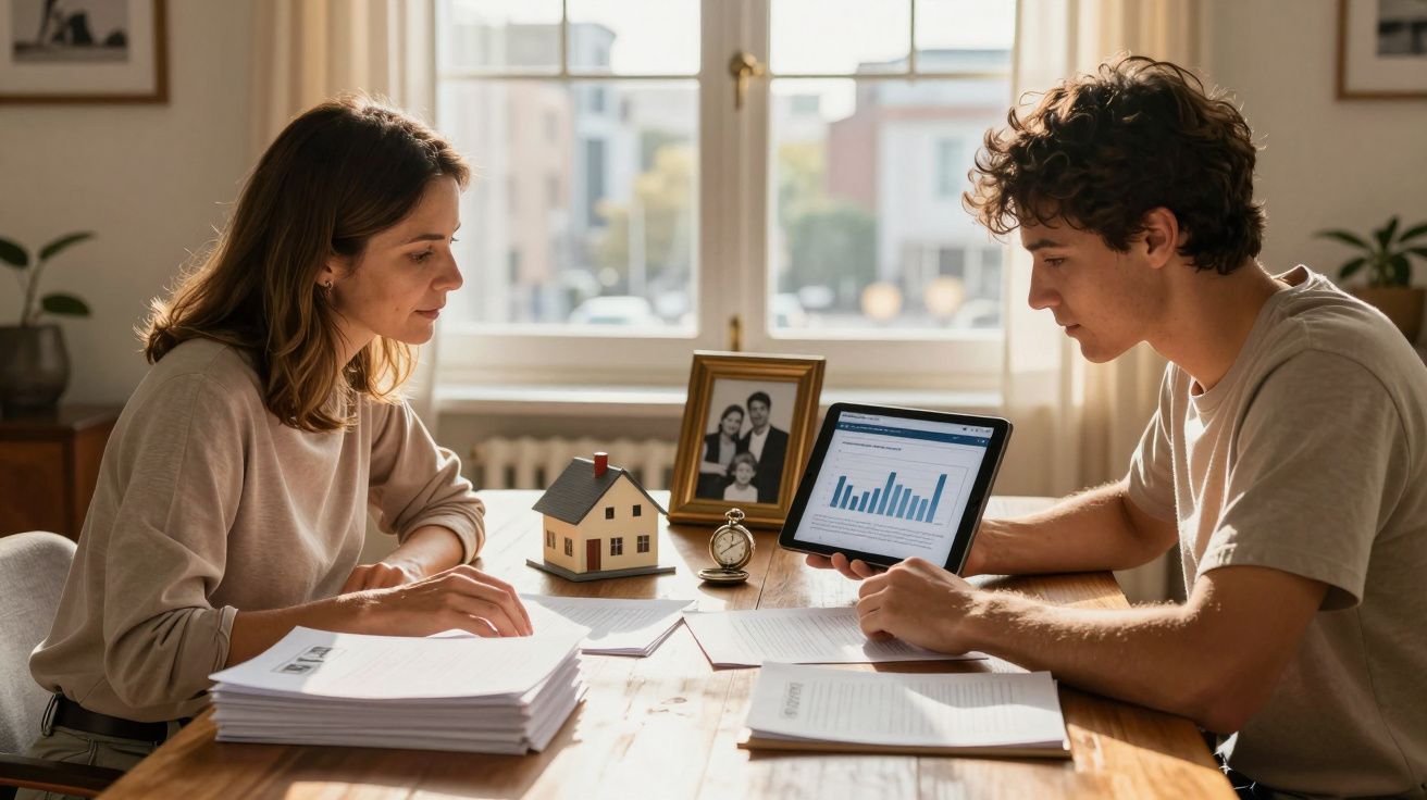 Casal jovem analisando gráficos e documentos sobre compra de casa em mesa com luz natural.