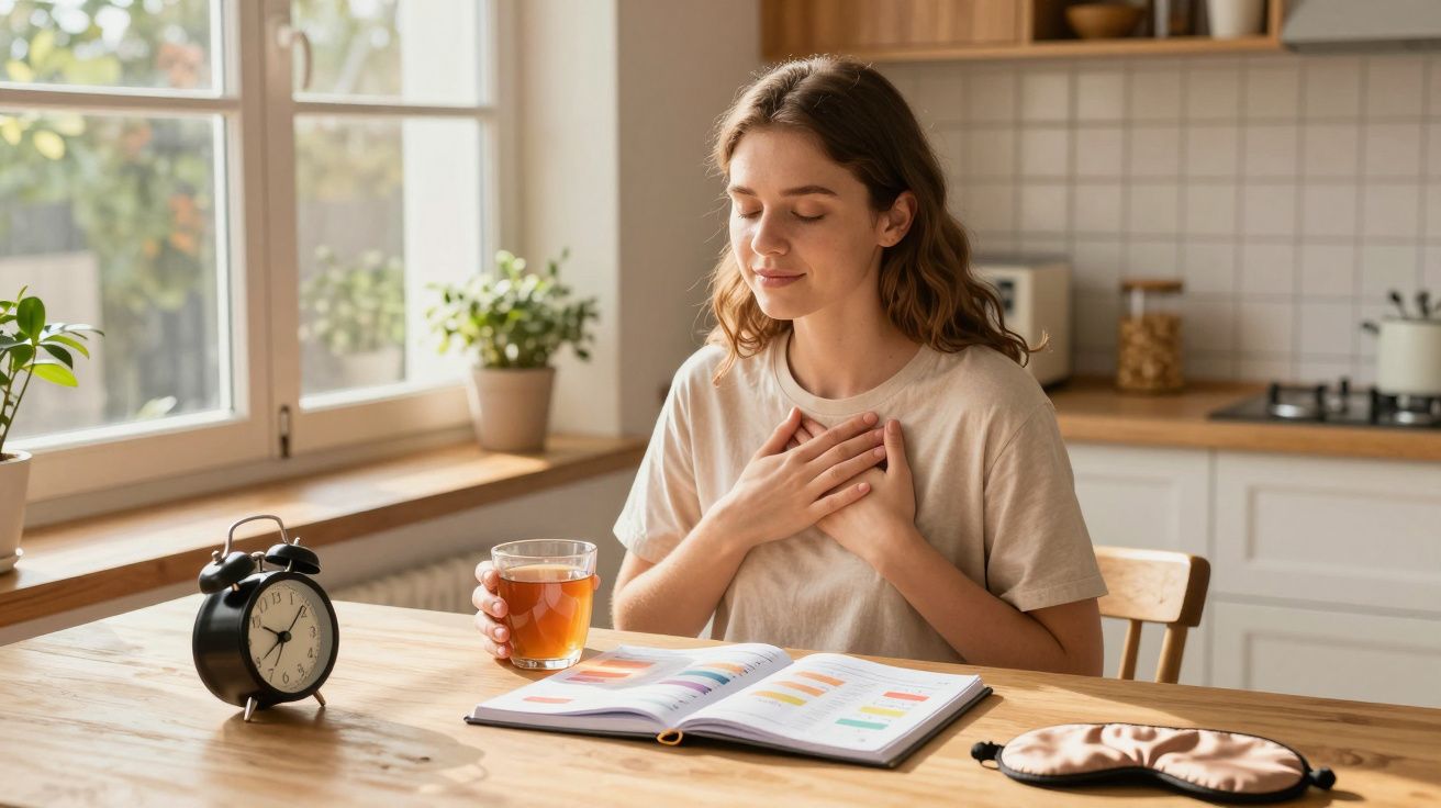 Mulher sentada à mesa com olhos fechados segurando chá e com as mãos no peito, ao lado de agenda e relógio.