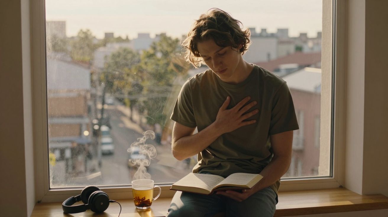 Jovem sentado na janela lendo livro, com chá quente e fones ao lado, em ambiente tranquilo e iluminado.