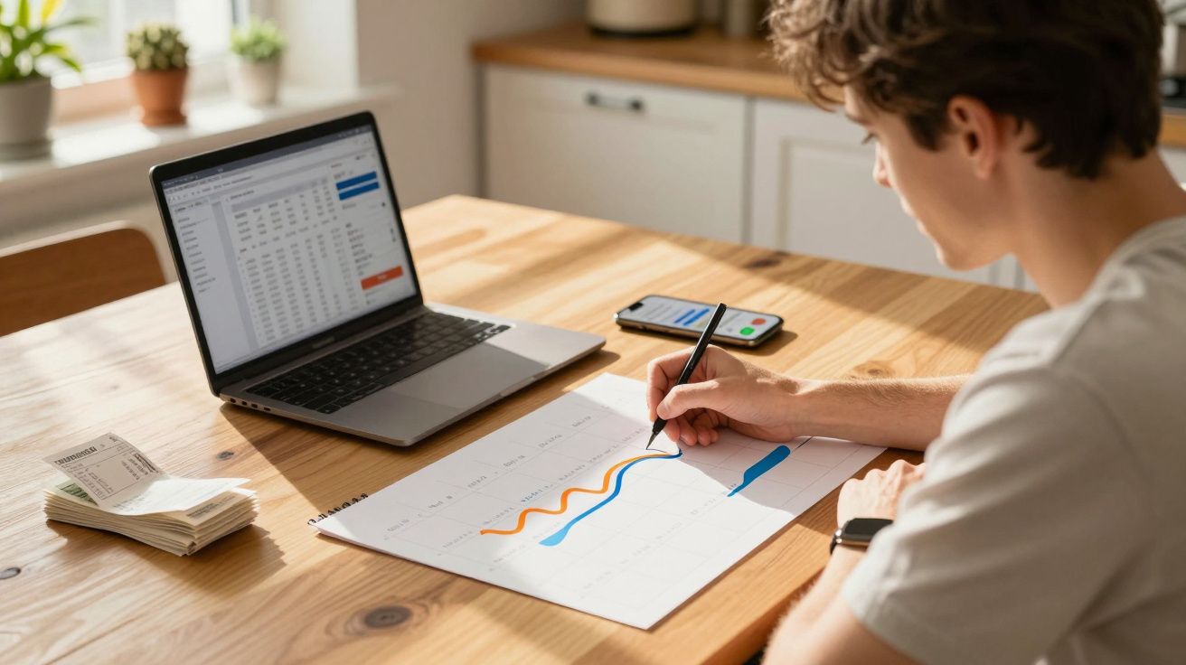 Pessoa analisando gráficos coloridos em papel ao lado de notebook e celular sobre mesa de madeira em ambiente iluminado.