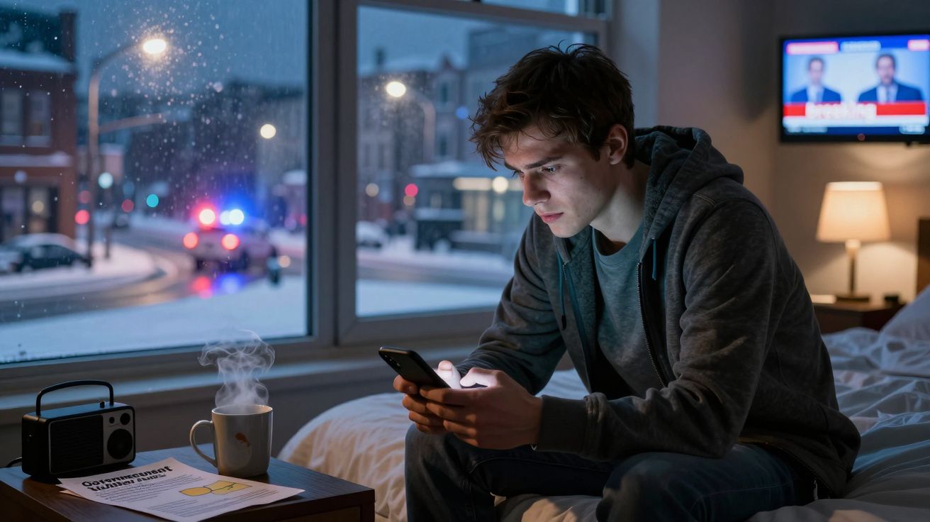 Jovem sentado na cama olhando o celular, janela mostrando rua com polícia e neve, rádio e xícara quente na mesa.