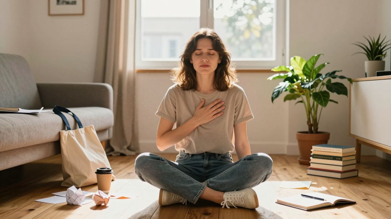 Mulher sentada no chão em sessão de meditação, com mão no peito, em sala iluminada e arejada.