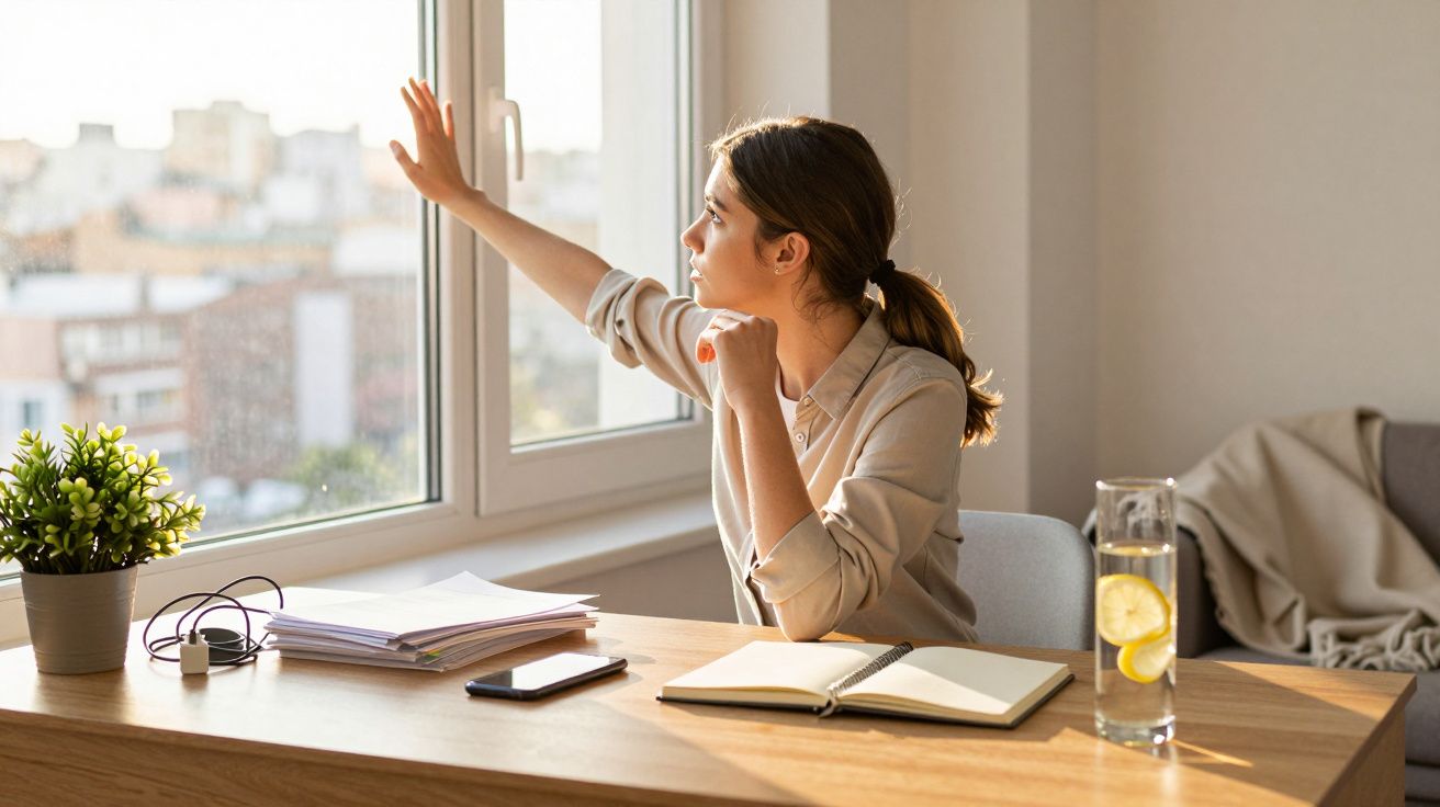 Mulher sentada à mesa olhando pensativa pela janela em escritório com planta e copo d'água.
