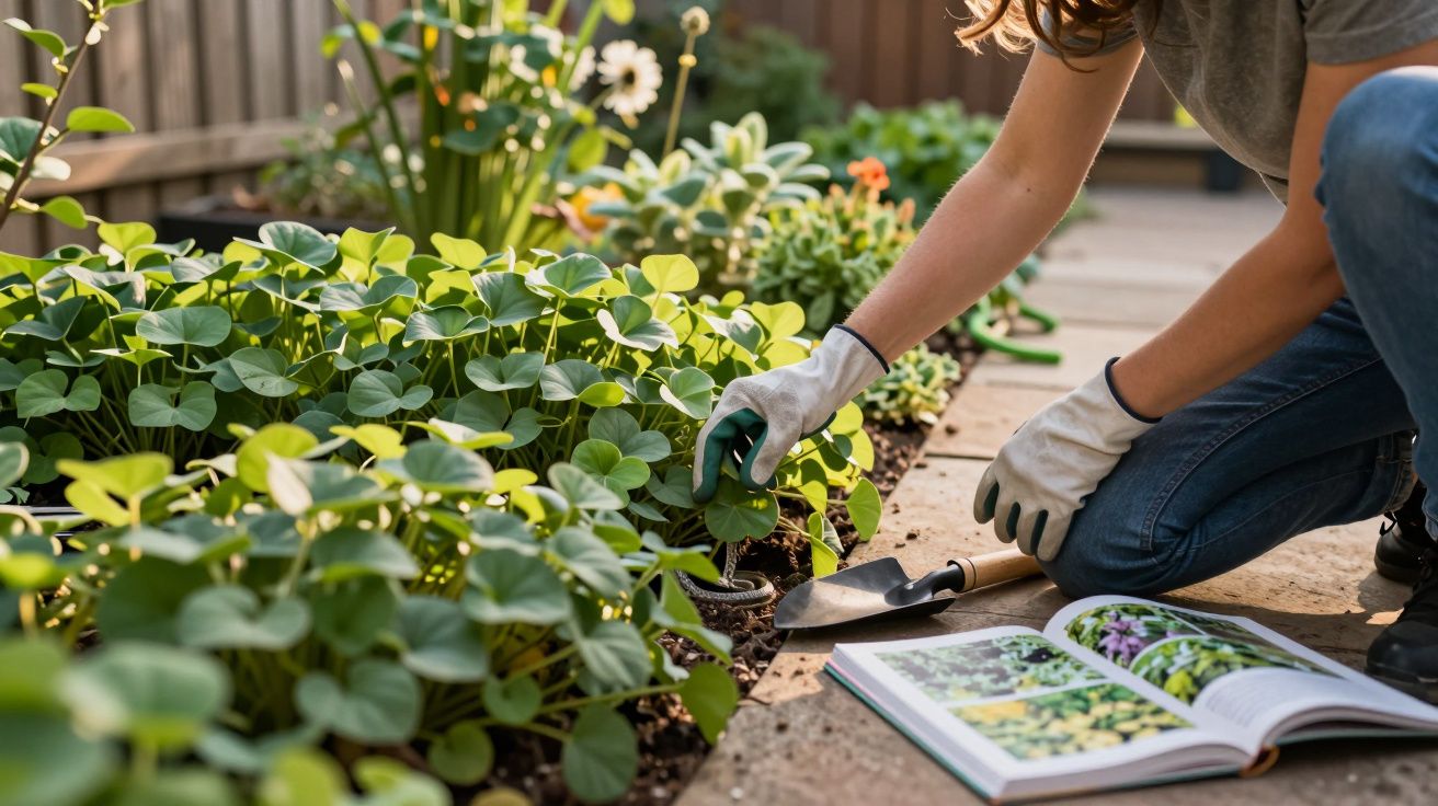 Pessoa usando luvas cuidando de plantas em canteiro próximo a livro aberto de jardinagem.