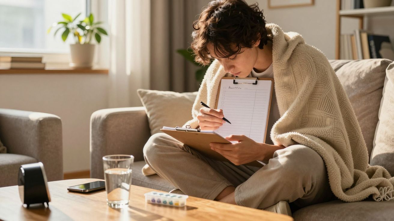 Pessoa sentada no sofá coberta com manta, escrevendo em pranchetas com caneta.