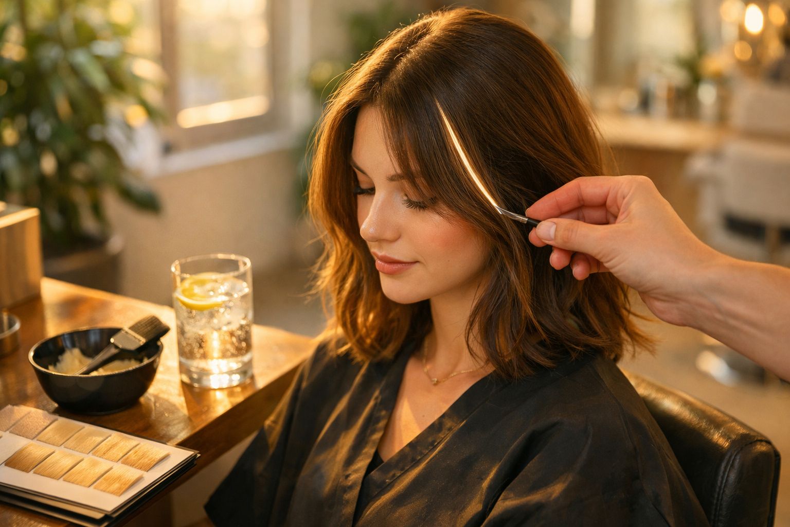 Mulher sentada em salão recebendo mechas no cabelo enquanto usa capa preta protetora.