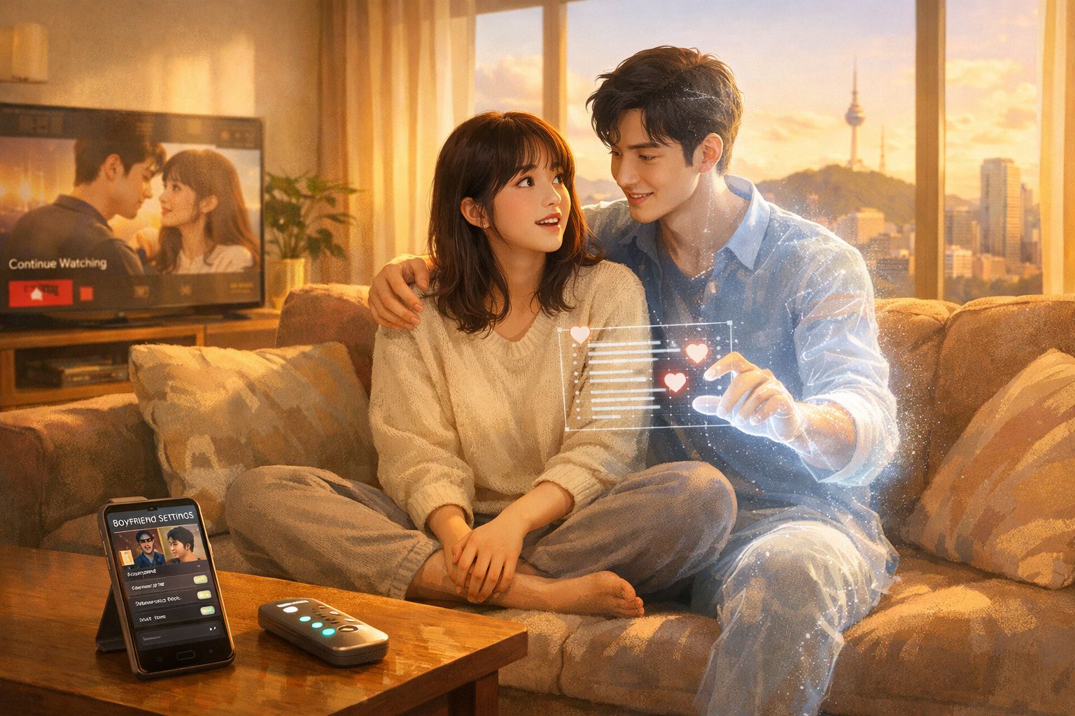 Casal sorridente sentado no sofá, interagindo com interface holográfica de corações flutuantes.