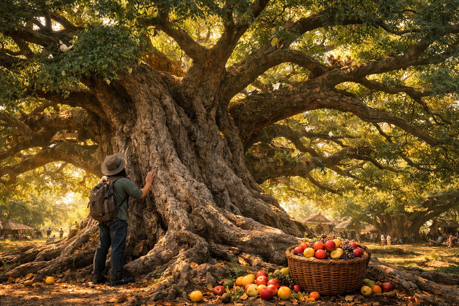 Pessoa com mochila e chapéu tocando tronco de árvore gigante em ambiente ensolarado com cesta de frutas.